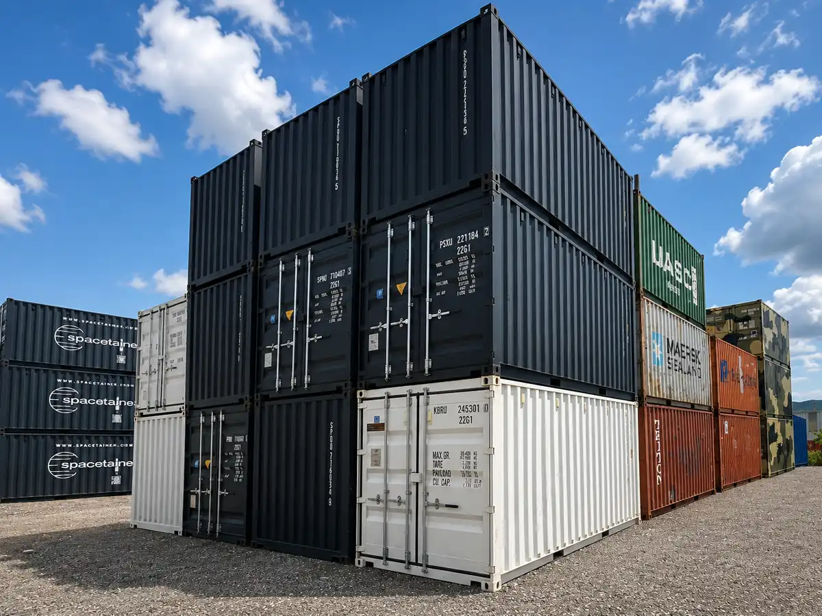Home Gestapelte ISO- und Seecontainer von Spacetainer in verschiedenen Größen. Robuste Stahlcontainer für Transport, Lagerung und modulare Containerlösungen in Österreich.