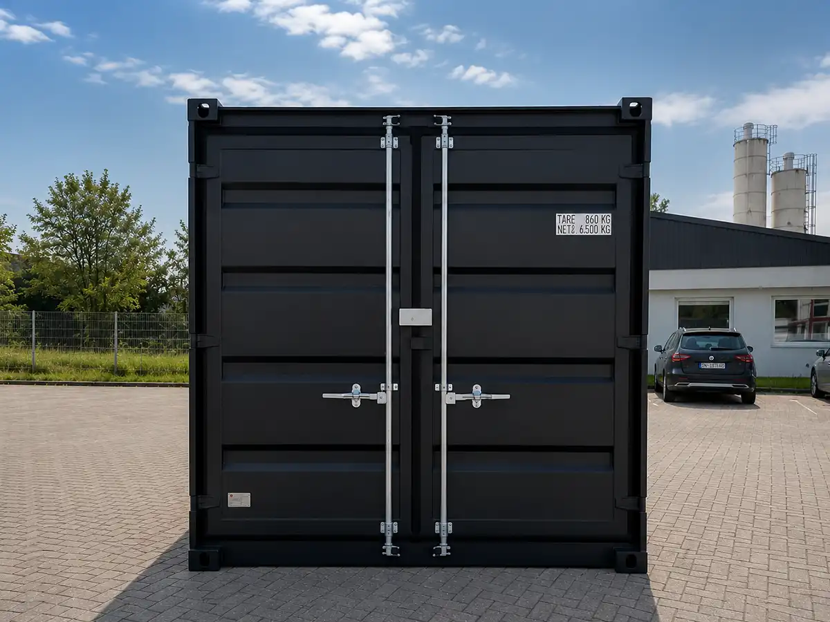 Home Schwarzer Lagercontainer von Spacetainer mit Doppelflügeltüren und robuster Stahlkonstruktion. Ideal für die sichere Lagerung auf Baustellen, Firmengeländen und in der Industrie.
