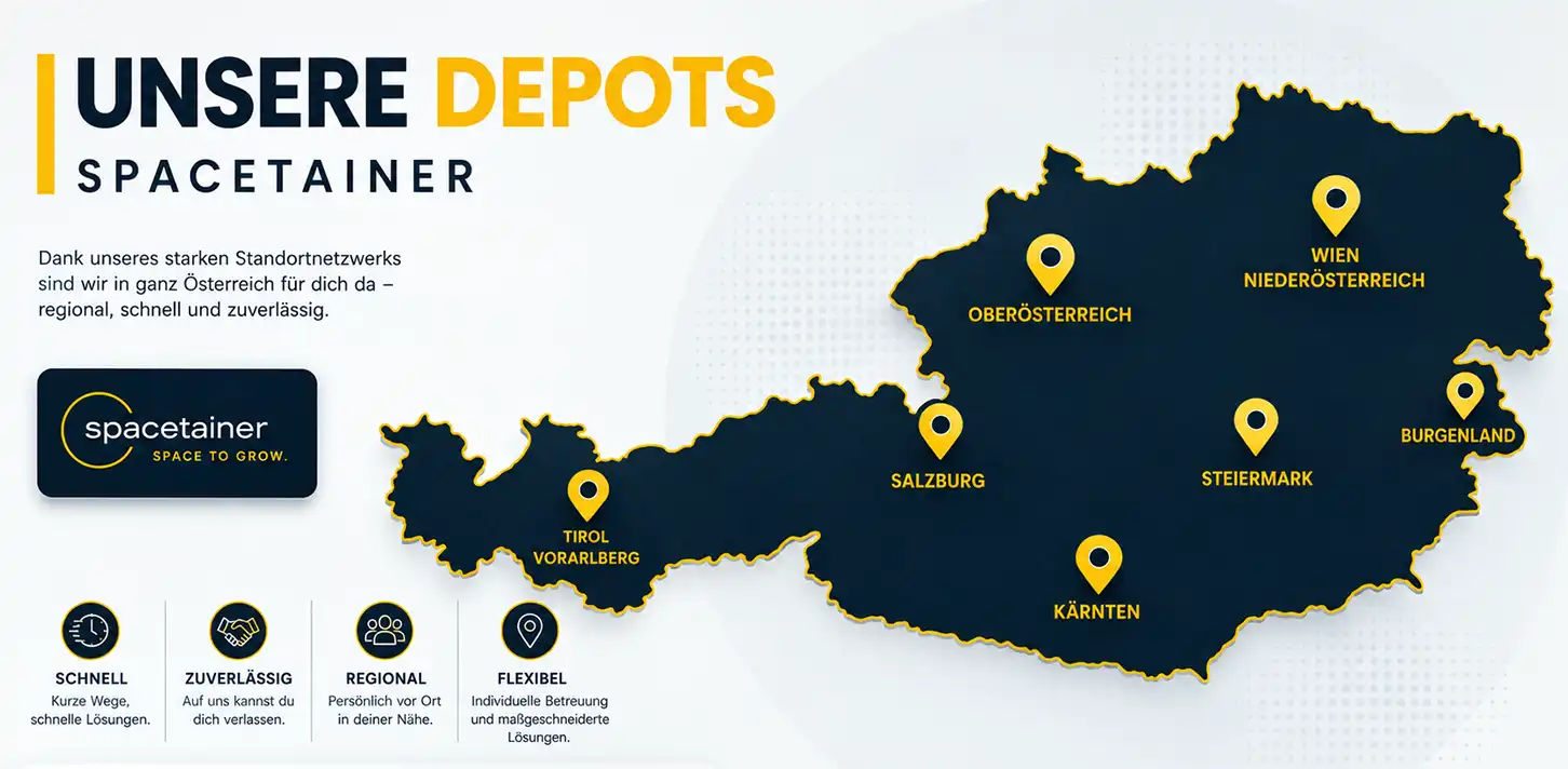Karte der Spacetainer Depots in Österreich mit Standorten in Tirol, Salzburg, Oberösterreich, Niederösterreich, Wien, Burgenland, Steiermark und Kärnten.