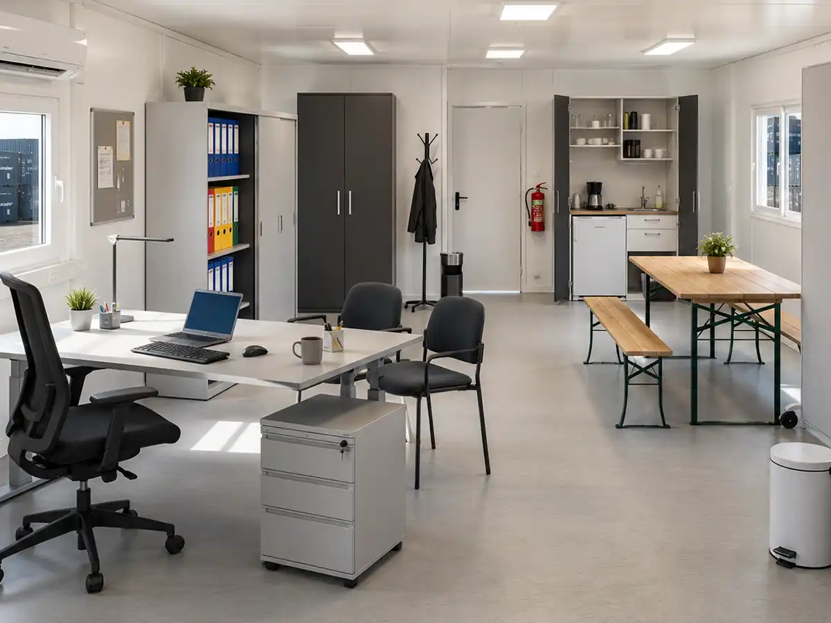 Home Komplett ausgestatteter Bürocontainer von Spacetainer mit höhenverstellbarem Schreibtisch, Bürostuhl, Besucherstühlen, Aktenschränken, Pantryküche, Klimaanlage und weiterem Mietzubehör.