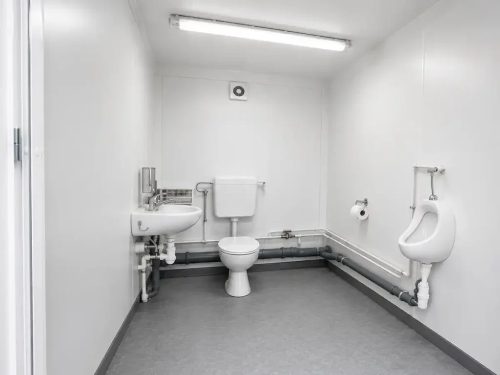 Moderner Sanitärcontainer von Spacetainer mit WC, Urinal, Waschbecken und heller Innenausstattung. Mobile Sanitärlösung für Baustellen, Events und Unternehmen.
