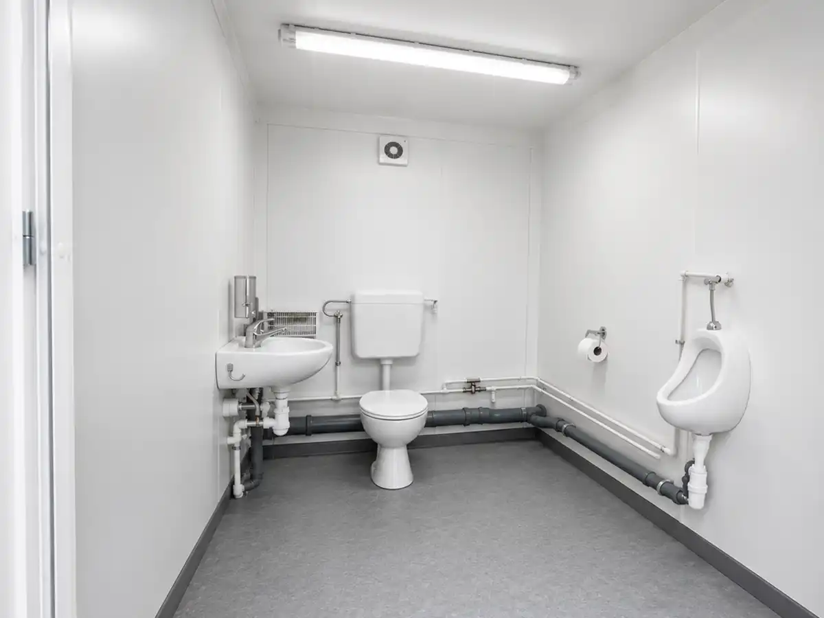 Home Moderner Sanitärcontainer von Spacetainer mit WC, Urinal, Waschbecken und heller Innenausstattung. Mobile Sanitärlösung für Baustellen, Events und Unternehmen.