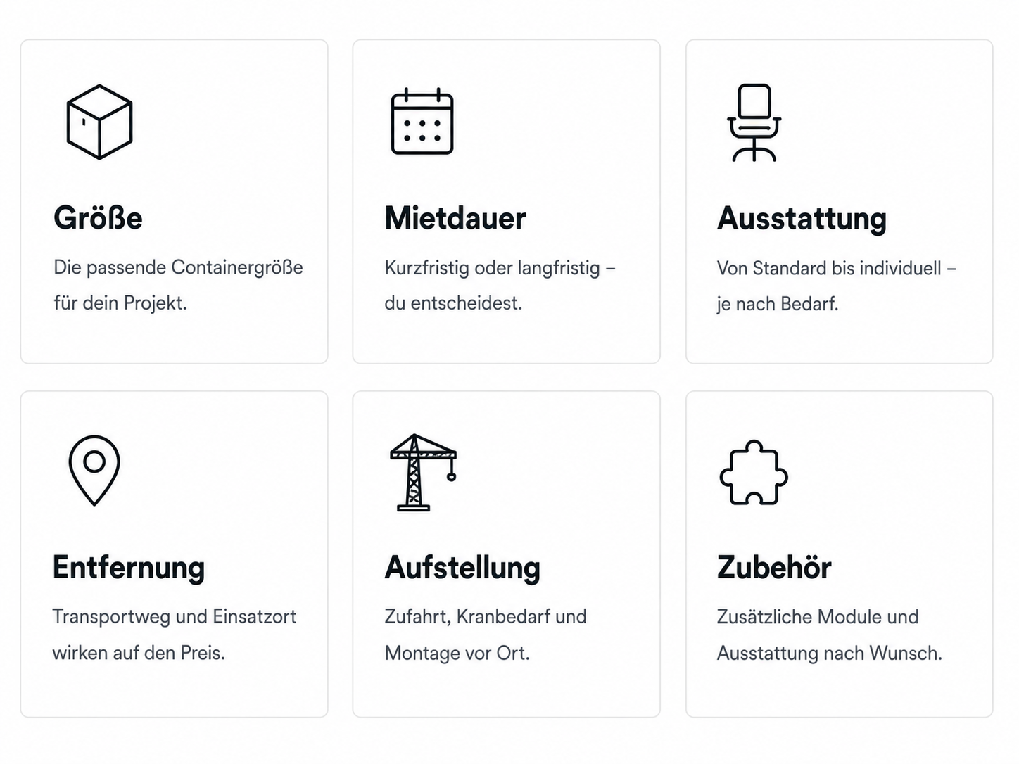 six feature cards for container planning